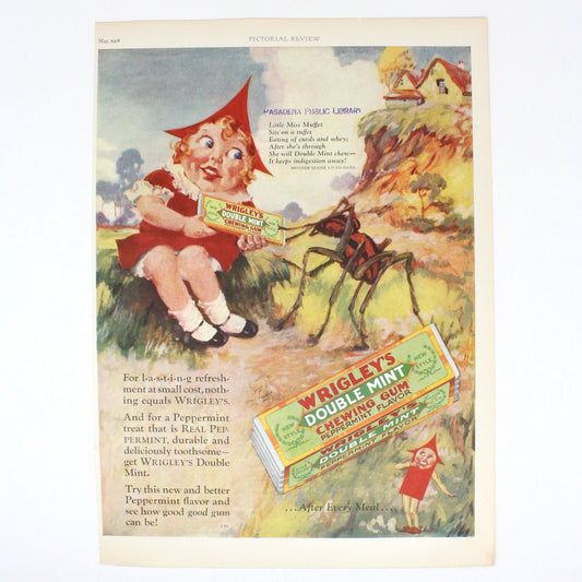 Advertisement, Wrigley's Chewing Gum, Original 1928 Pictorial Review Magazine Ad, Miss Muffet, Vintage