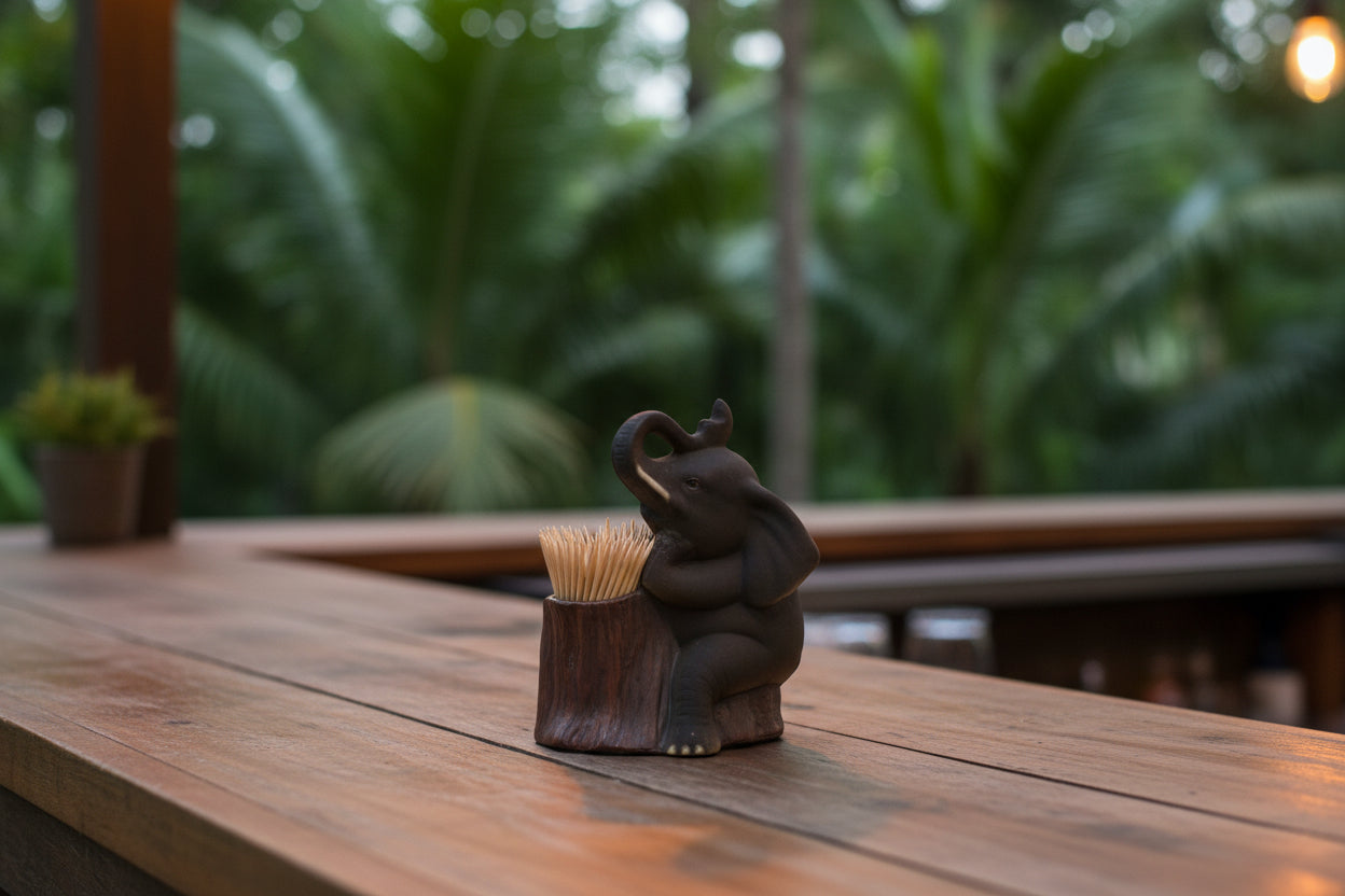 Toothpick Holder, Elephant Trunk Up, Hand Painted Ceramic, Vintage, 1980's