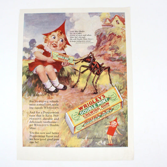 Advertisement, Wrigley's Chewing Gum, Original 1928 Magazine Ad, Miss Muffet, Vintage