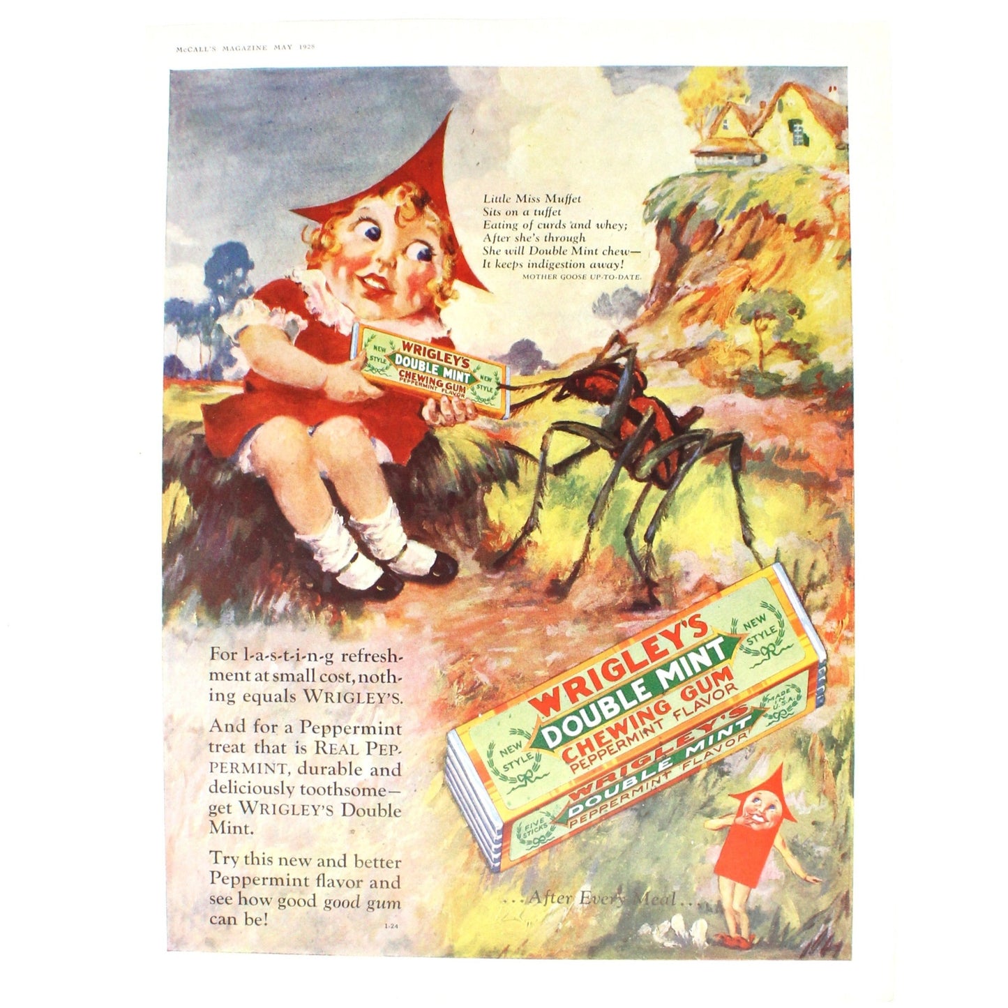 Advertisement, Wrigley's Chewing Gum, Original 1928 McCall's Magazine Ad, Miss Muffet, Vintage