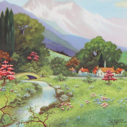 Print, Lithograph, W. M. Thompson, Mountains & Bridge Stream, Valley Town Scene, Vintage
