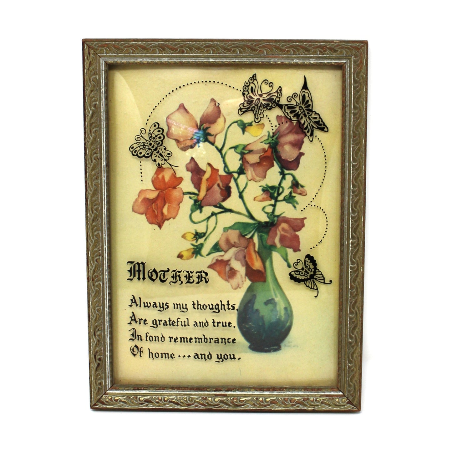 Vintage Reverse Painted Convex Glass Overlaid onto a Floral Sweet Peas Background with a Mother's Day Poem