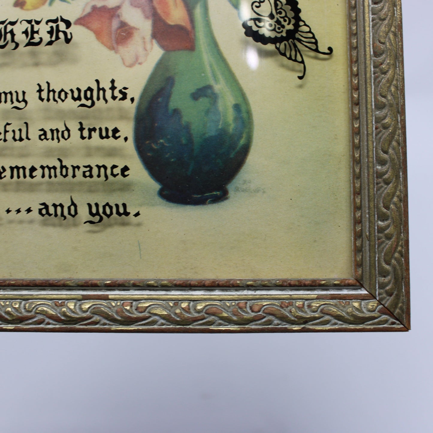 Silhouette, Reverse Painted Convex Glass, Mother's Day Poem, Floral Print Background, Framed, Vintage