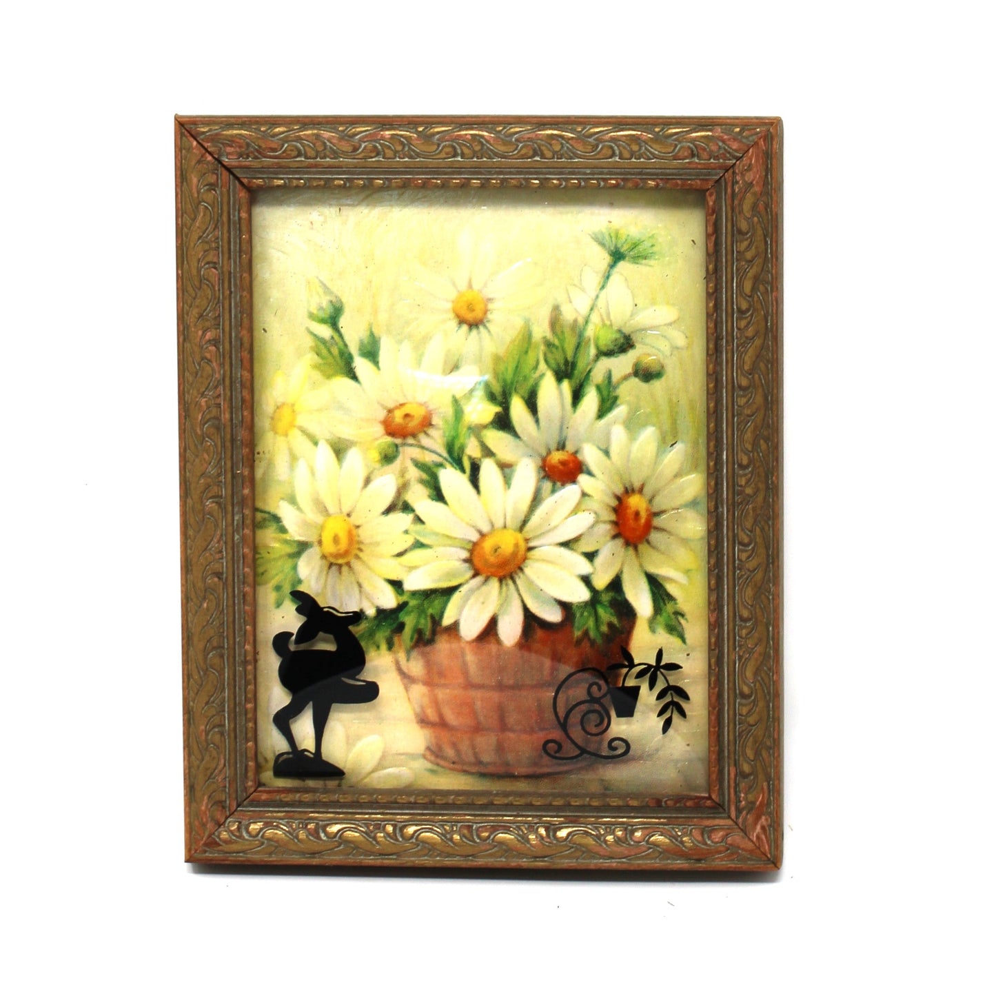Silhouette, Reverse Painted Convex Glass, Floral Daisies Background, Framed, Vintage