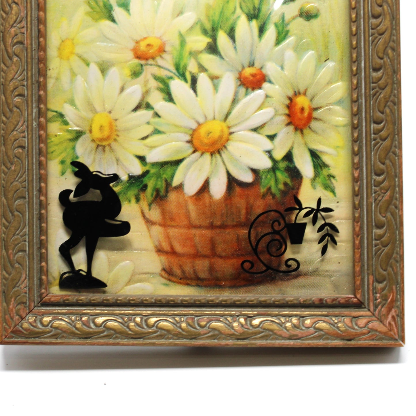 Silhouette, Reverse Painted Convex Glass, Floral Daisies Background, Framed, Vintage