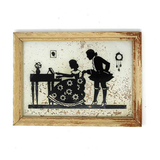 Silhouette, Reverse Painted Glass, Victorian Couple, Woman Playing Piano, Framed, Vintage