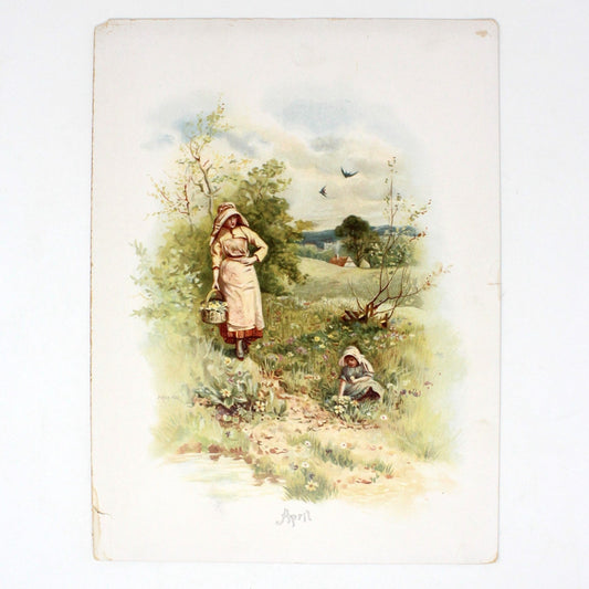 Print, Calendar Page, Fred Hines, Mother & Child Picking Flowers, April, Vintage