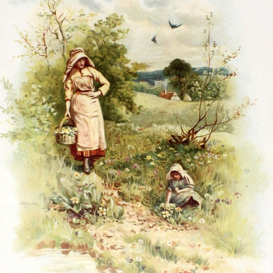 Print, Calendar Page, Fred Hines, Mother & Child Picking Flowers, April, Vintage