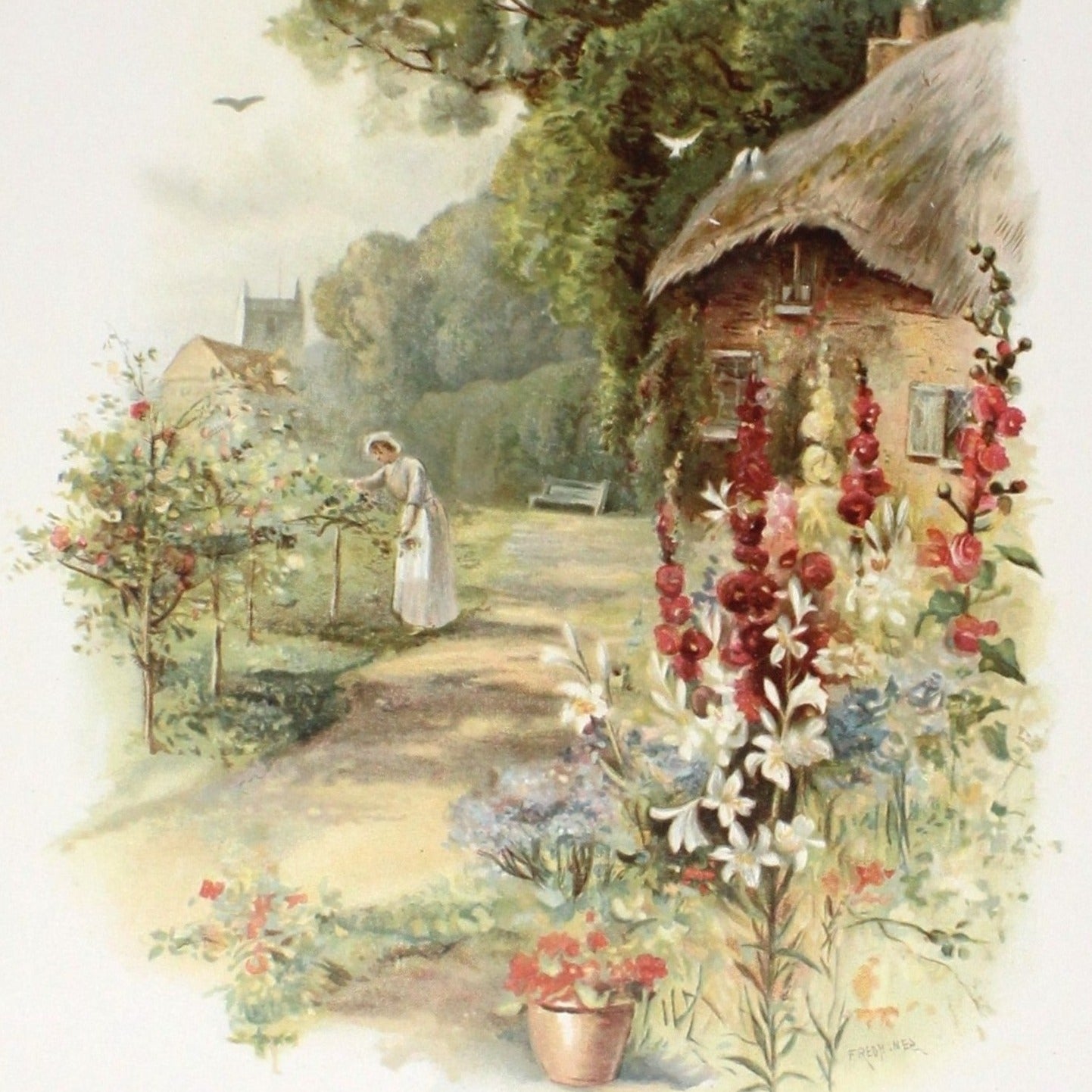 Print, Calendar Page, Fred Hines, Woman in Cottage Garden, June, Vintage
