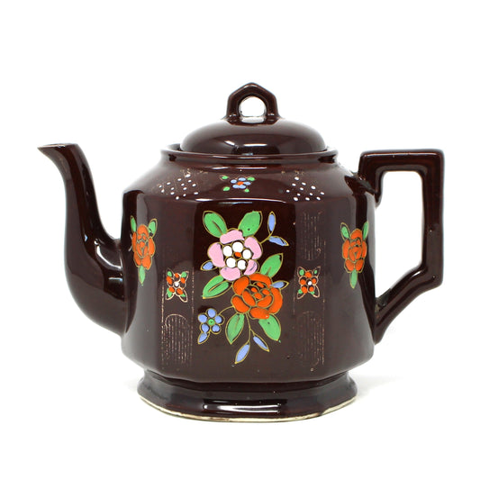 Teapot, Japanese Redware Style, Hand Painted Moriage, Brown Betty Style, Ceramic, Vintage