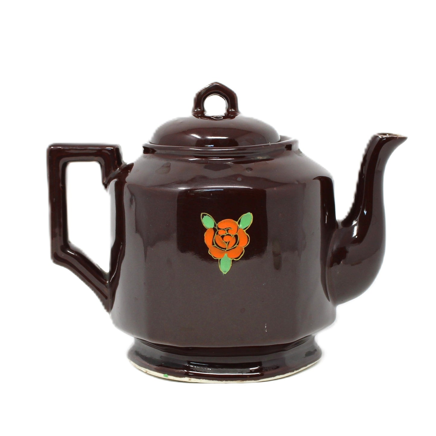 Teapot, Japanese Redware Style, Hand Painted Moriage, Brown Betty Style, Ceramic, Vintage