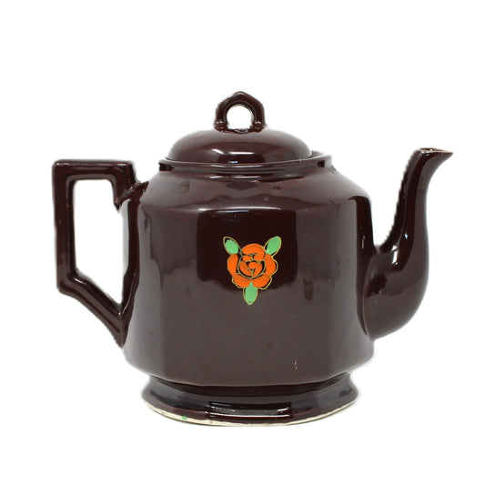 Teapot, Japanese Redware Style, Hand Painted Moriage, Brown Betty Style, Ceramic, Vintage