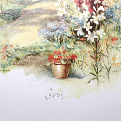 Print, Calendar Page, Fred Hines, Woman in Cottage Garden, June, Vintage