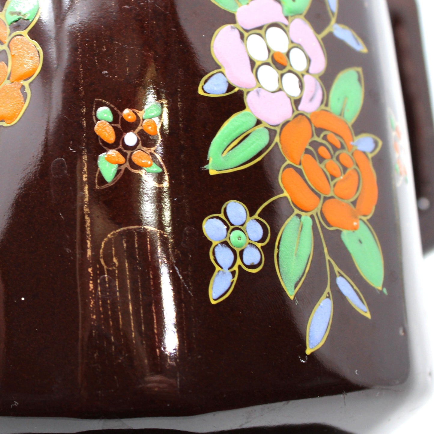 Teapot, Japanese Redware Style, Hand Painted Moriage, Brown Betty Style, Ceramic, Vintage