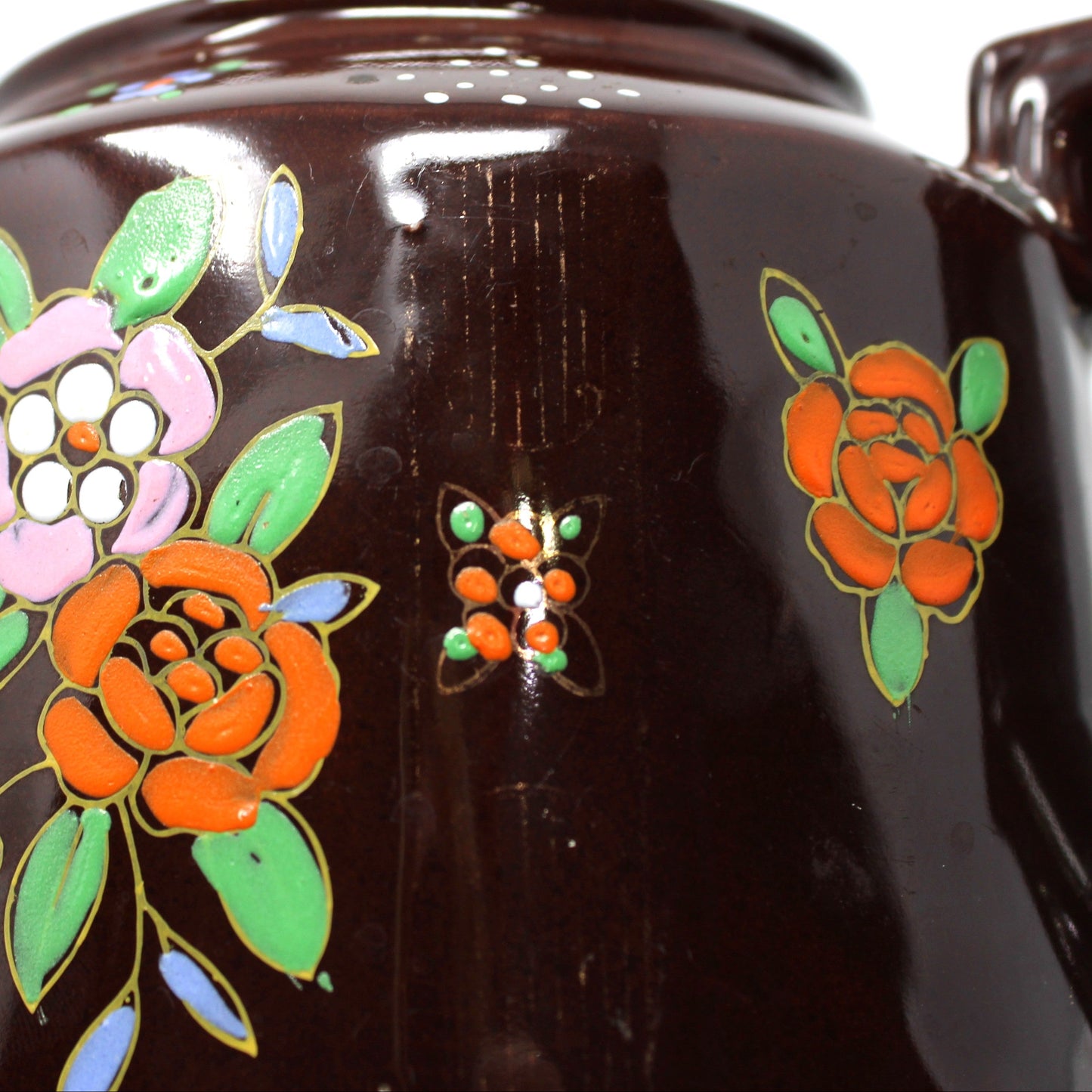 Teapot, Japanese Redware Style, Hand Painted Moriage, Brown Betty Style, Ceramic, Vintage
