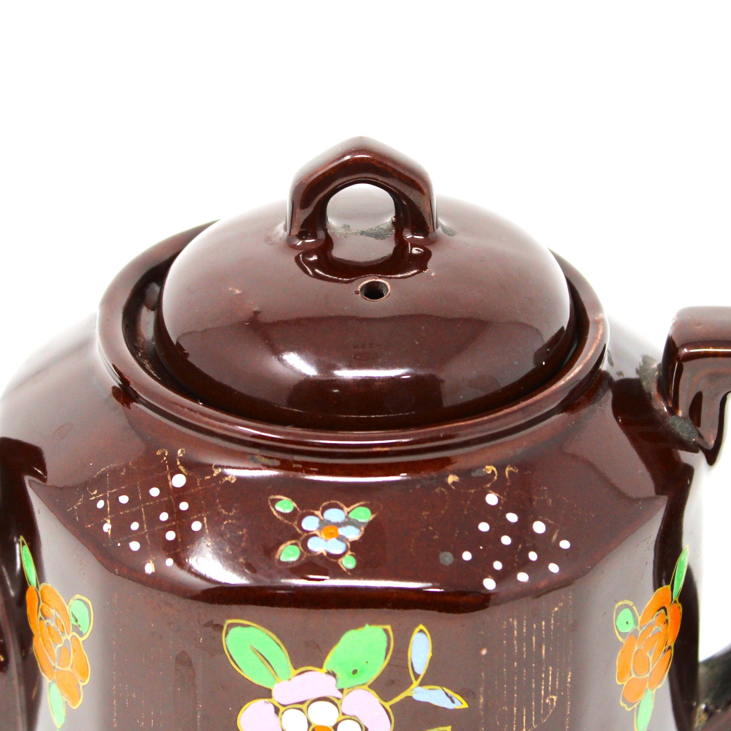 Teapot, Japanese Redware Style, Hand Painted Moriage, Brown Betty Style, Ceramic, Vintage