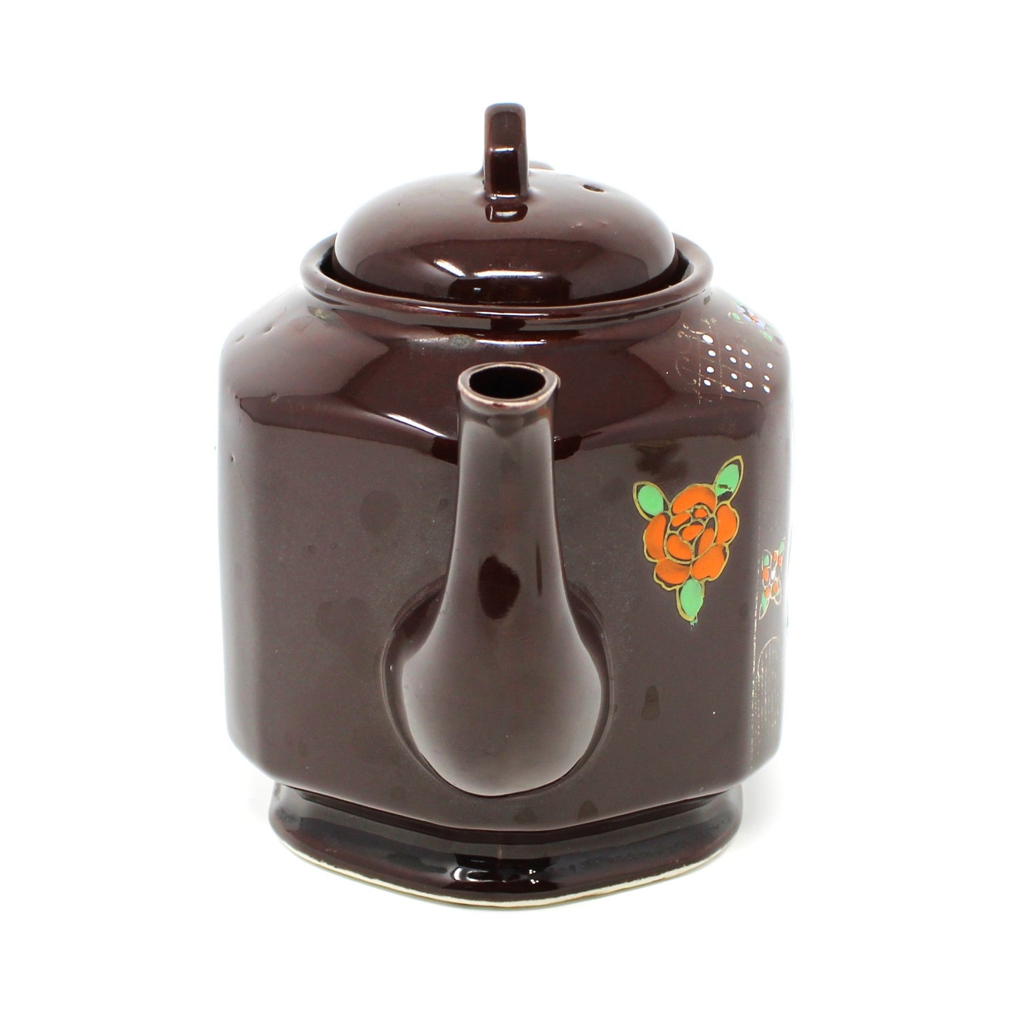 Teapot, Japanese Redware Style, Hand Painted Moriage, Brown Betty Style, Ceramic, Vintage