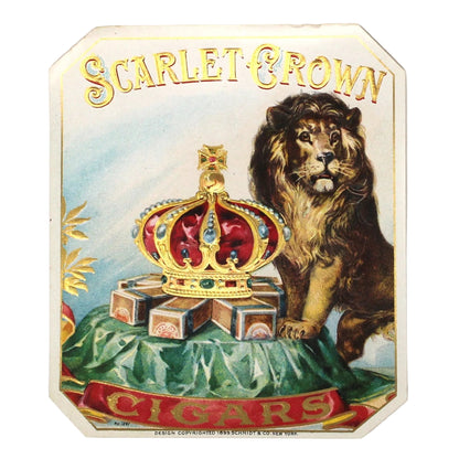 Cigar Box Label, Scarlet Crown Outer Label, Lion & Crown, Original Lithograph, Gilded / Embossed, NOS, 1899, Antique
