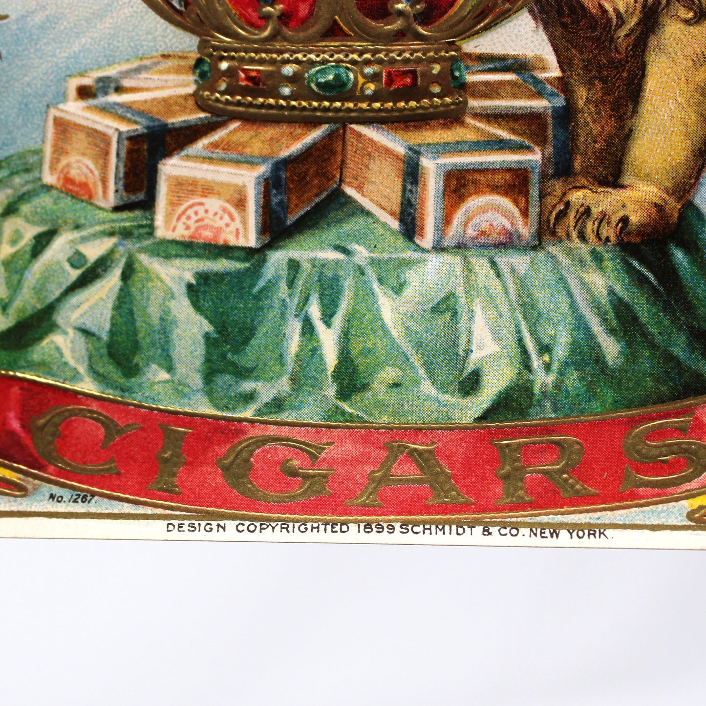 Cigar Box Label, Scarlet Crown Outer Label, Lion & Crown, Original Lithograph, Gilded / Embossed, NOS, 1899, Antique