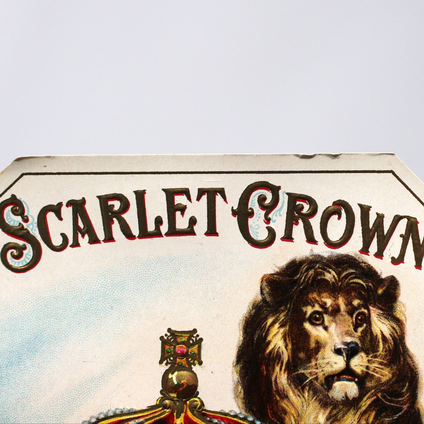 Cigar Box Label, Scarlet Crown Outer Label, Lion & Crown, Original Lithograph, Gilded / Embossed, NOS, 1899, Antique