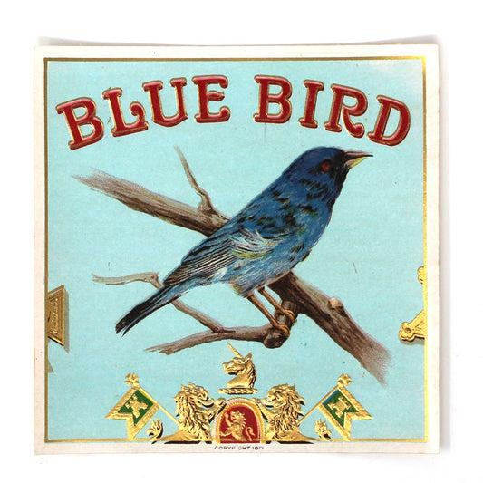 Cigar Box Label, Blue Bird Outer Label, Original Lithograph, Gilded / Embossed, NOS, 1917, Antique