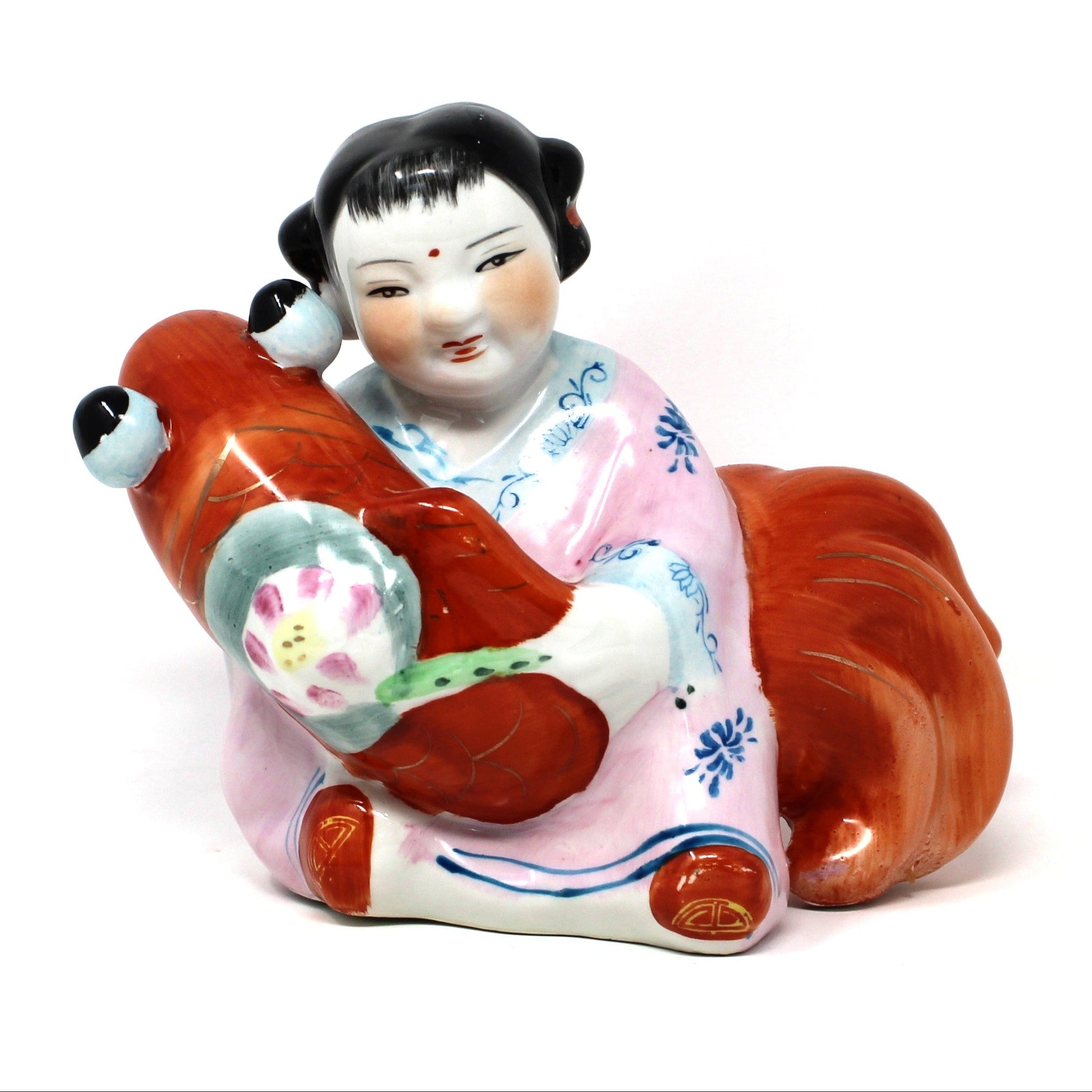 Vintage Porcelain Oriental Figurine, Girl Holding Large Koi / Carp Fish, Hand Painted, Feng Shui, Chinese Lucky Kids, Home Decor
