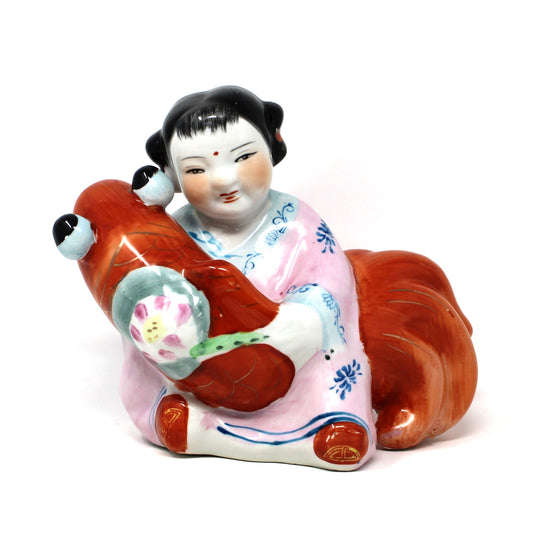 Figurine, Chinese Girl with Koi / Carp Fish Oriental Feng Shui, Lucky Kids, Porcelain, Vintage