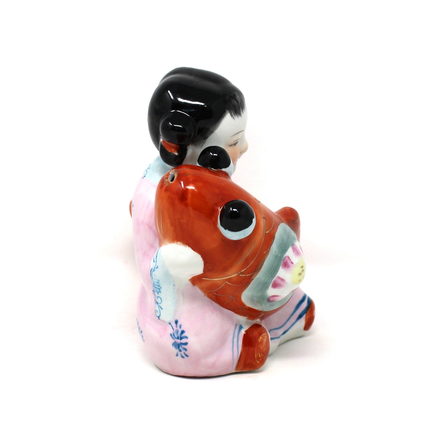 Figurine, Chinese Girl with Koi / Carp Fish Oriental Feng Shui, Lucky Kids, Porcelain, Vintage