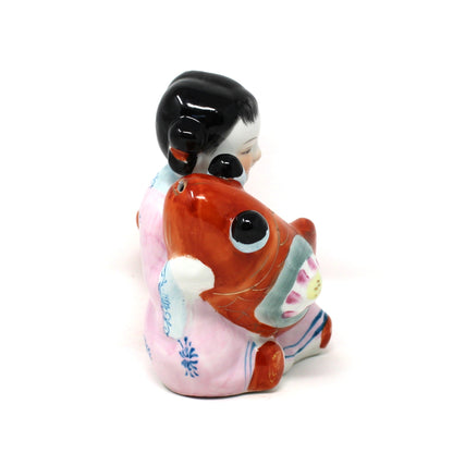 Figurine, Chinese Girl with Koi / Carp Fish Oriental Feng Shui, Lucky Kids, Porcelain, Vintage