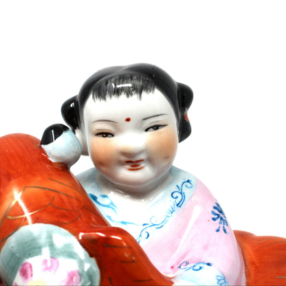 Figurine, Chinese Girl with Koi / Carp Fish Oriental Feng Shui, Lucky Kids, Porcelain, Vintage
