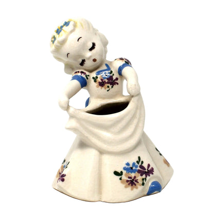 Vintage Planter, DeLee Girl Floral Vase/ Cachepot Figurine, Hand Painted Ceramic, Home Decor, Eyelash Girl Holding Apron