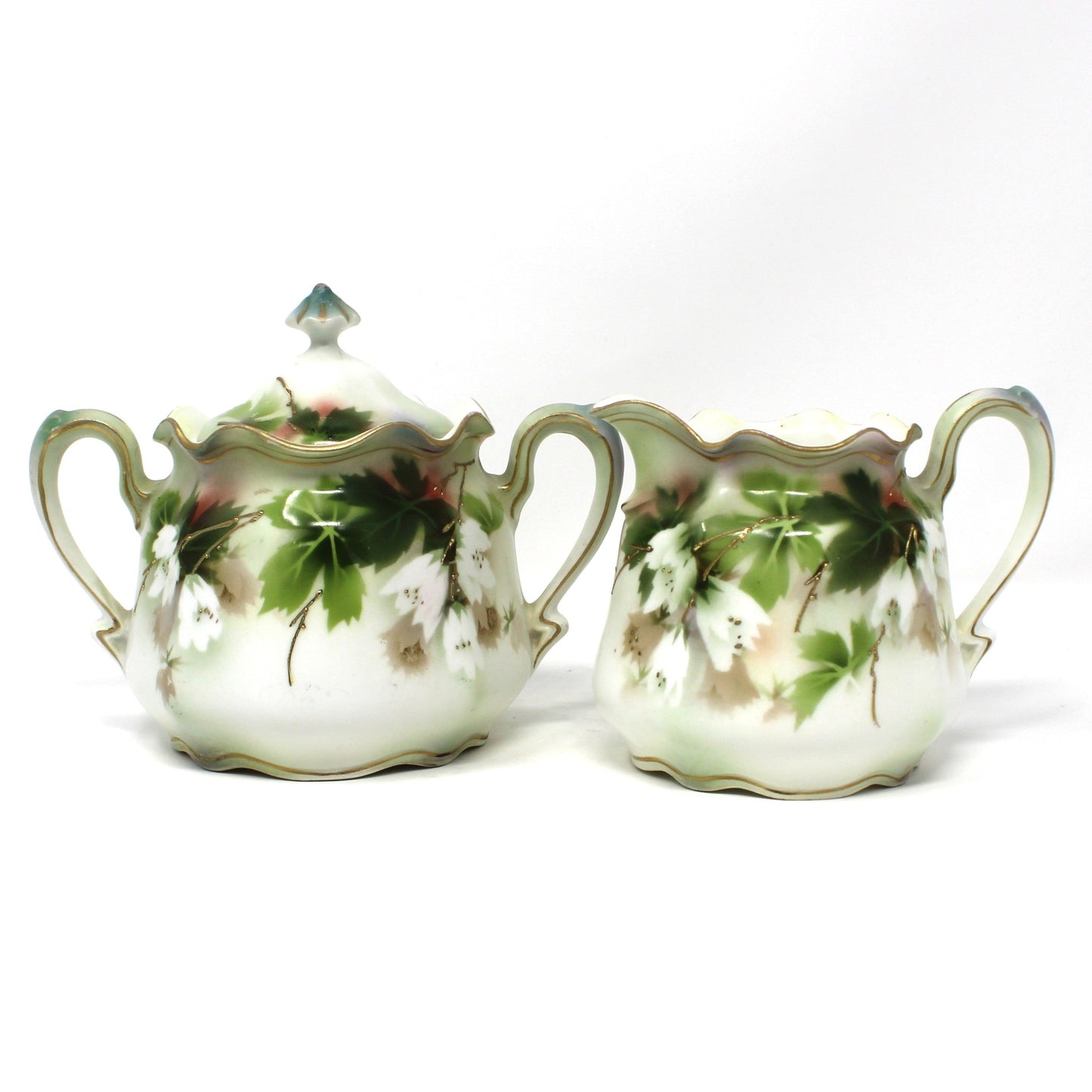 Antique Sugar and Creamer, R.S. Prussia Reinhold Schlegelmilch, German Porcelain. Pristine. Hand Painted Florals with Green Leaves,  RARE