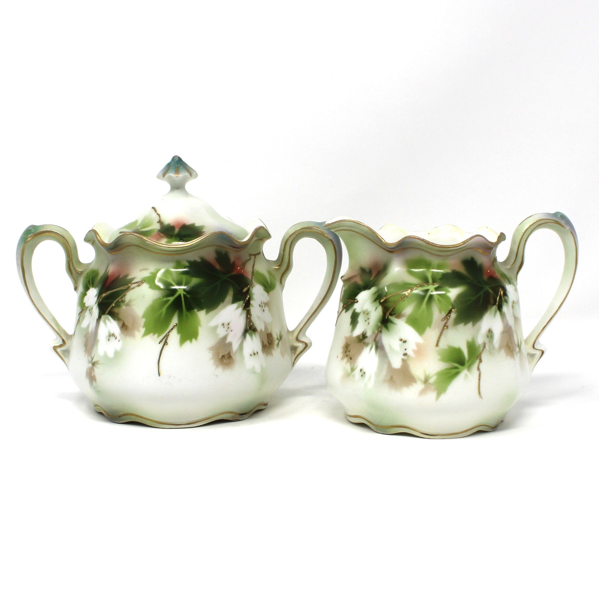 Antique Sugar and Creamer, R.S. Prussia Reinhold Schlegelmilch, German Porcelain. Pristine. Hand Painted Florals with Green Leaves,  RARE