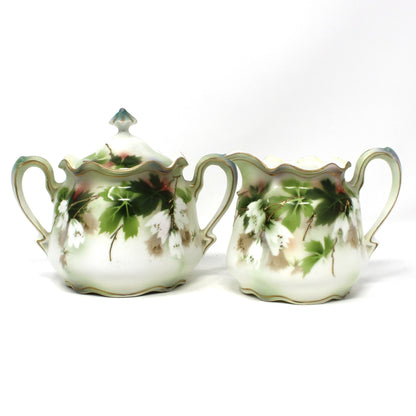 Antique Sugar and Creamer, R.S. Prussia Reinhold Schlegelmilch, German Porcelain. Pristine. Hand Painted Florals with Green Leaves,  RARE
