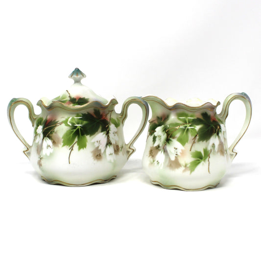 Antique Sugar and Creamer, R.S. Prussia Reinhold Schlegelmilch, German Porcelain. Pristine. Hand Painted Florals with Green Leaves,  RARE
