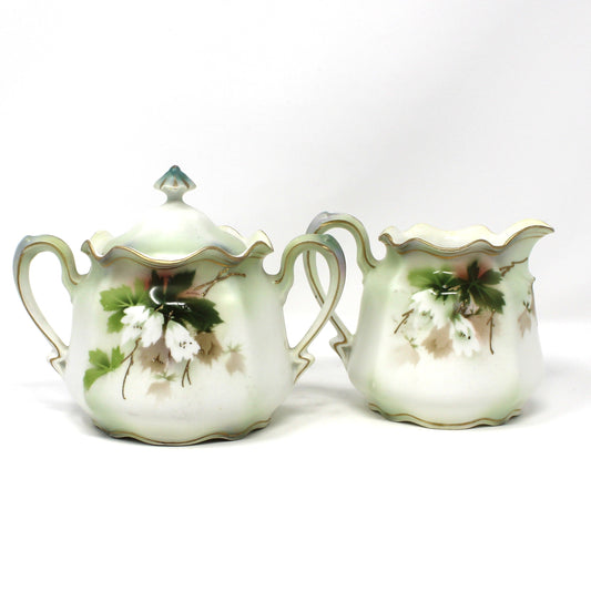 Creamer and Sugar with Lid, RS Prussia, White Flowers, Green Leaves & Gilding, Satin Finish Porcelain, German Antique
