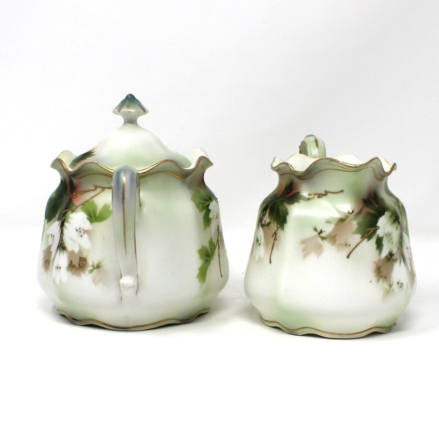 Creamer and Sugar with Lid, RS Prussia, White Flowers, Green Leaves & Gilding, Satin Finish Porcelain, German Antique