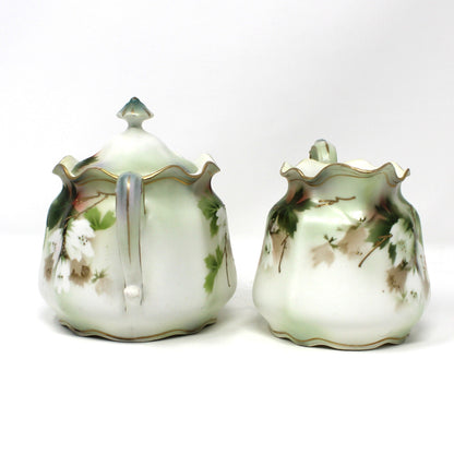 Creamer and Sugar with Lid, RS Prussia, White Flowers, Green Leaves & Gilding, Satin Finish Porcelain, German Antique
