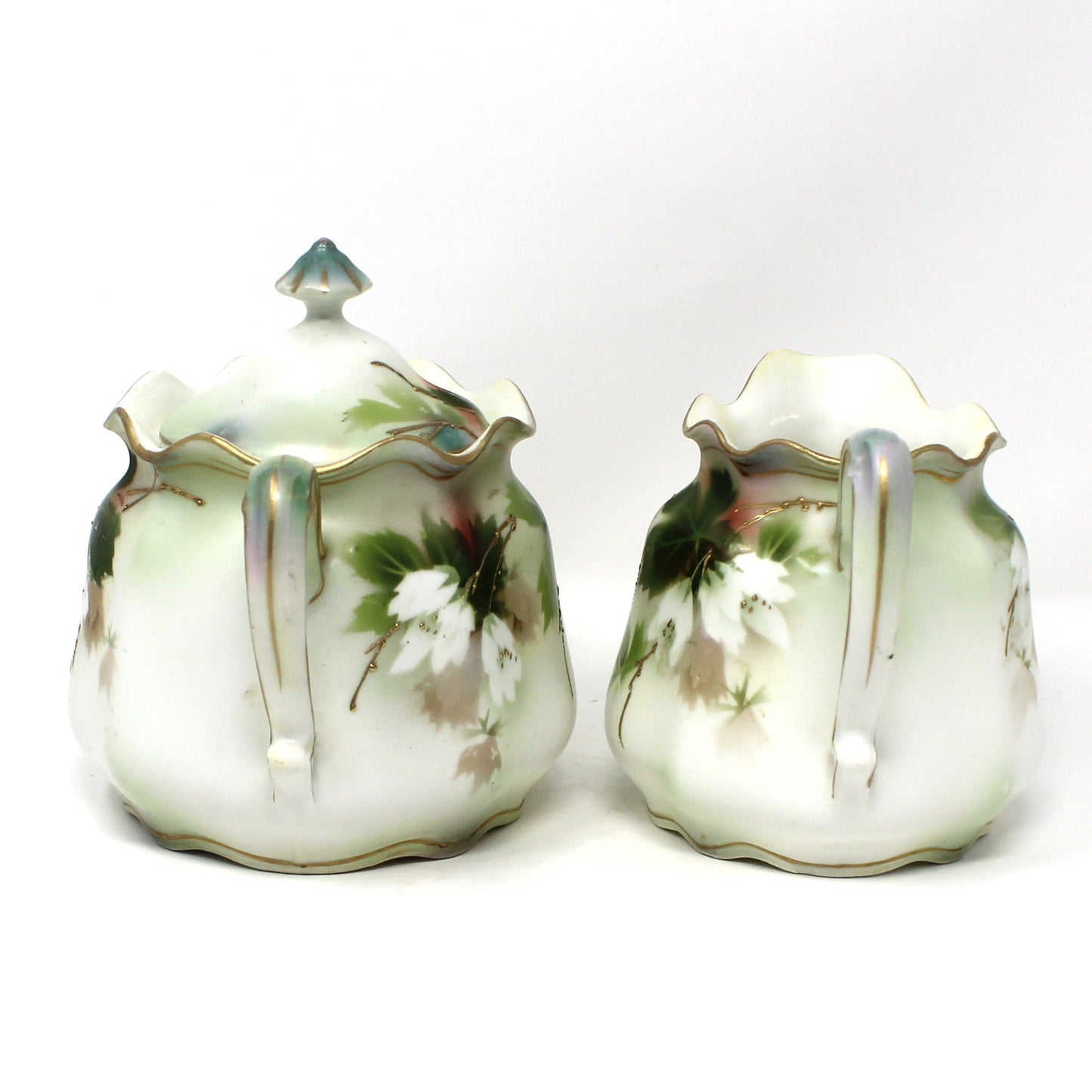 Creamer and Sugar with Lid, RS Prussia, White Flowers, Green Leaves & Gilding, Satin Finish Porcelain, German Antique