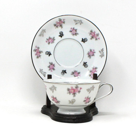Teacup and Saucer, Noritake, Anita, Pink and Platinum Flowers, Vintage