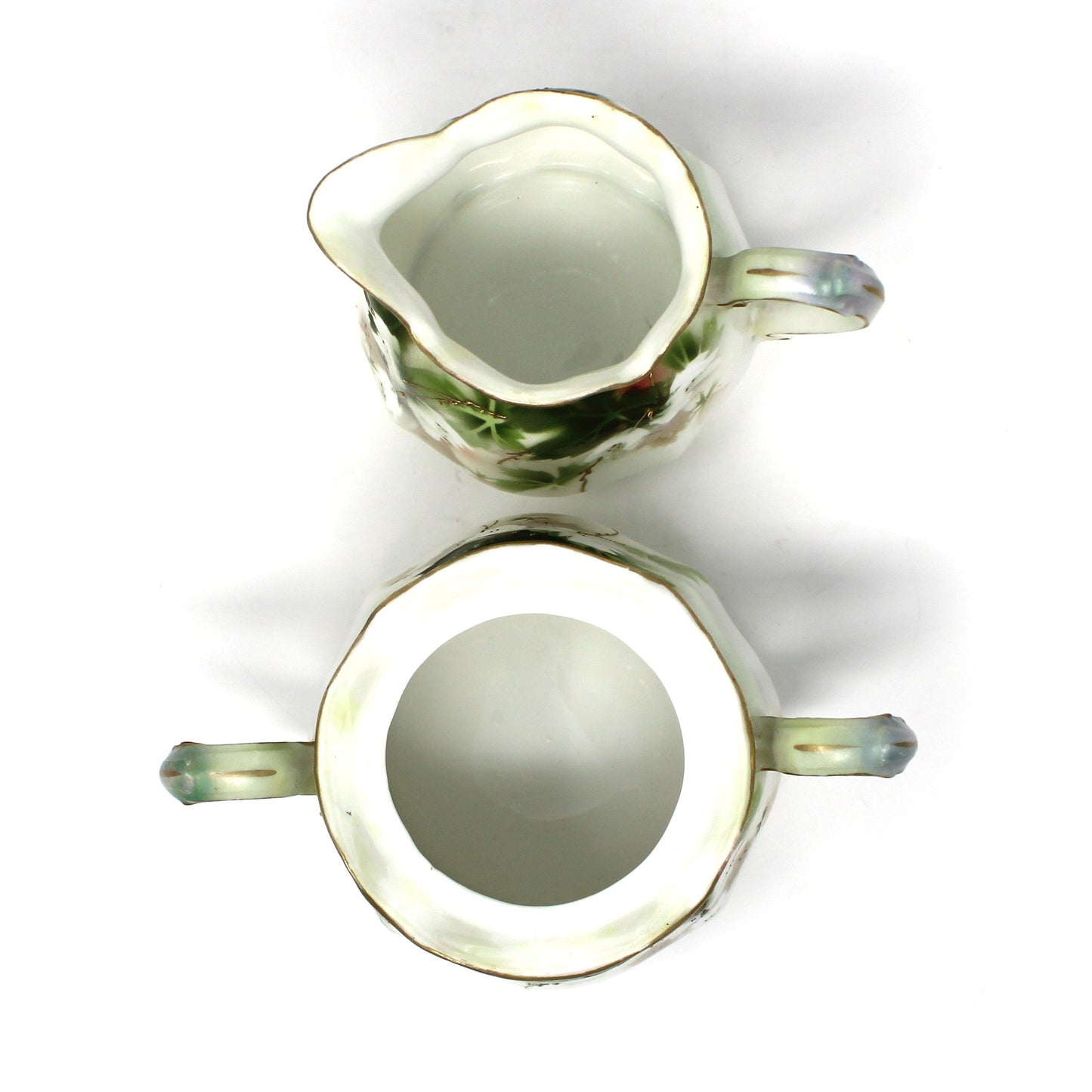 Creamer and Sugar with Lid, RS Prussia, White Flowers, Green Leaves & Gilding, Satin Finish Porcelain, German Antique