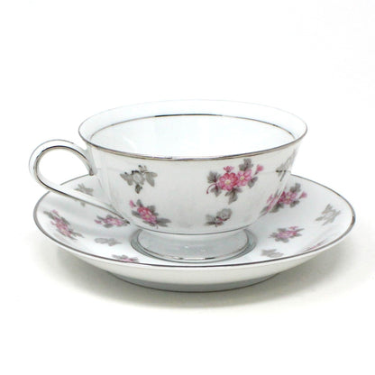 Teacup and Saucer, Noritake, Anita, Pink and Platinum Flowers, Vintage