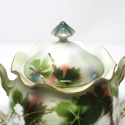 Creamer and Sugar with Lid, RS Prussia, White Flowers, Green Leaves & Gilding, Satin Finish Porcelain, German Antique