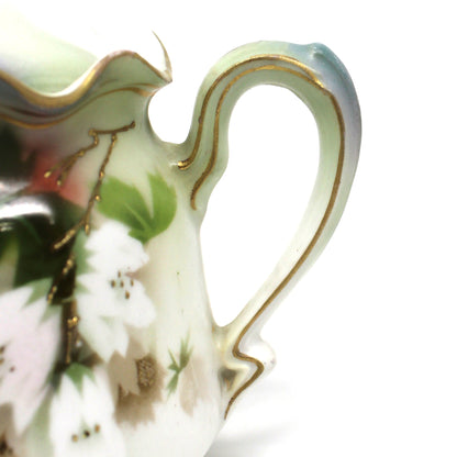 Creamer and Sugar with Lid, RS Prussia, White Flowers, Green Leaves & Gilding, Satin Finish Porcelain, German Antique