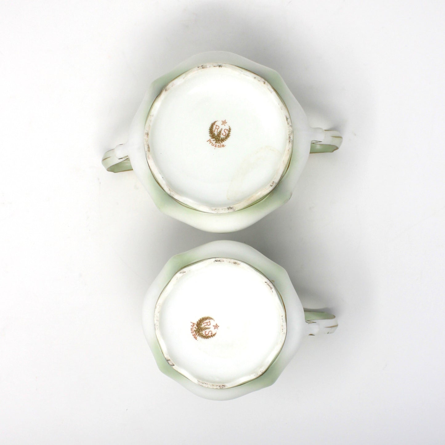 Creamer and Sugar with Lid, RS Prussia, White Flowers, Green Leaves & Gilding, Satin Finish Porcelain, German Antique