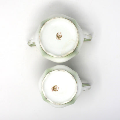 Creamer and Sugar with Lid, RS Prussia, White Flowers, Green Leaves & Gilding, Satin Finish Porcelain, German Antique