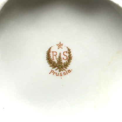 Creamer and Sugar with Lid, RS Prussia, White Flowers, Green Leaves & Gilding, Satin Finish Porcelain, German Antique