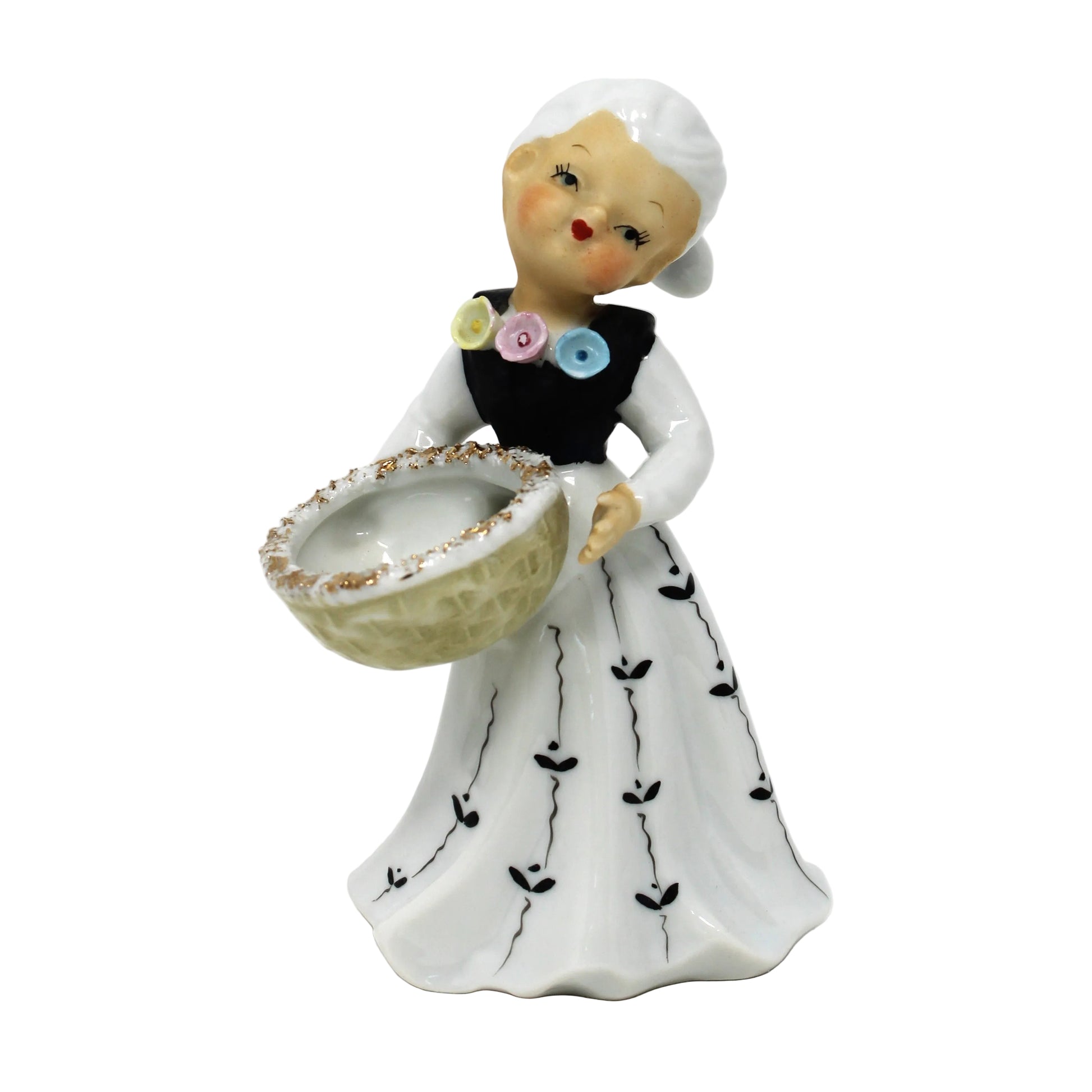 Vintage Figural Floral Vase, Girl with Basket.  Hand Painted Porcelain, Hand Applied Flowers, Wales Japan Import