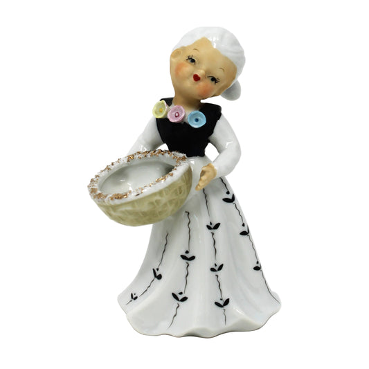 Vintage Floral Vase, Girl with Basket Figurine, Hand Applied Flowers, Black & White Gown, Hand Painted Porcelain, Wales Japan Import