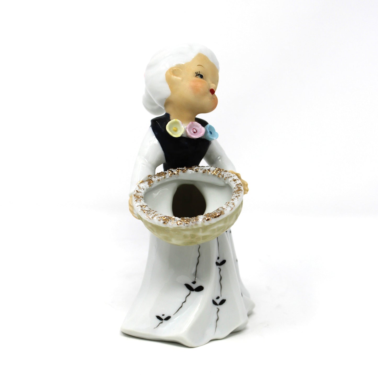 Vase, Wales Japan, Figurine Girl with Basket, Hand Painted Porcelain, Vintage, 1950's